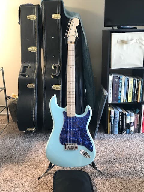 Used Squier Stratocaster Blue Electric Guitar with Fender Deluxe Gig bag