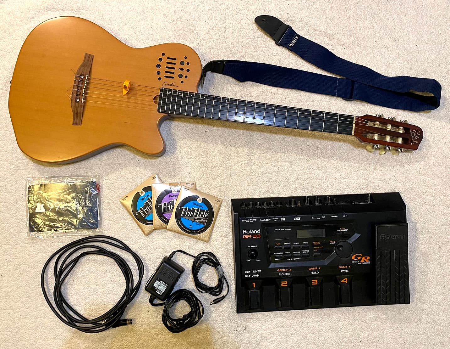Godin Multiac Nylon String Electric Guitar and Roland GR33 synthesizer + cables