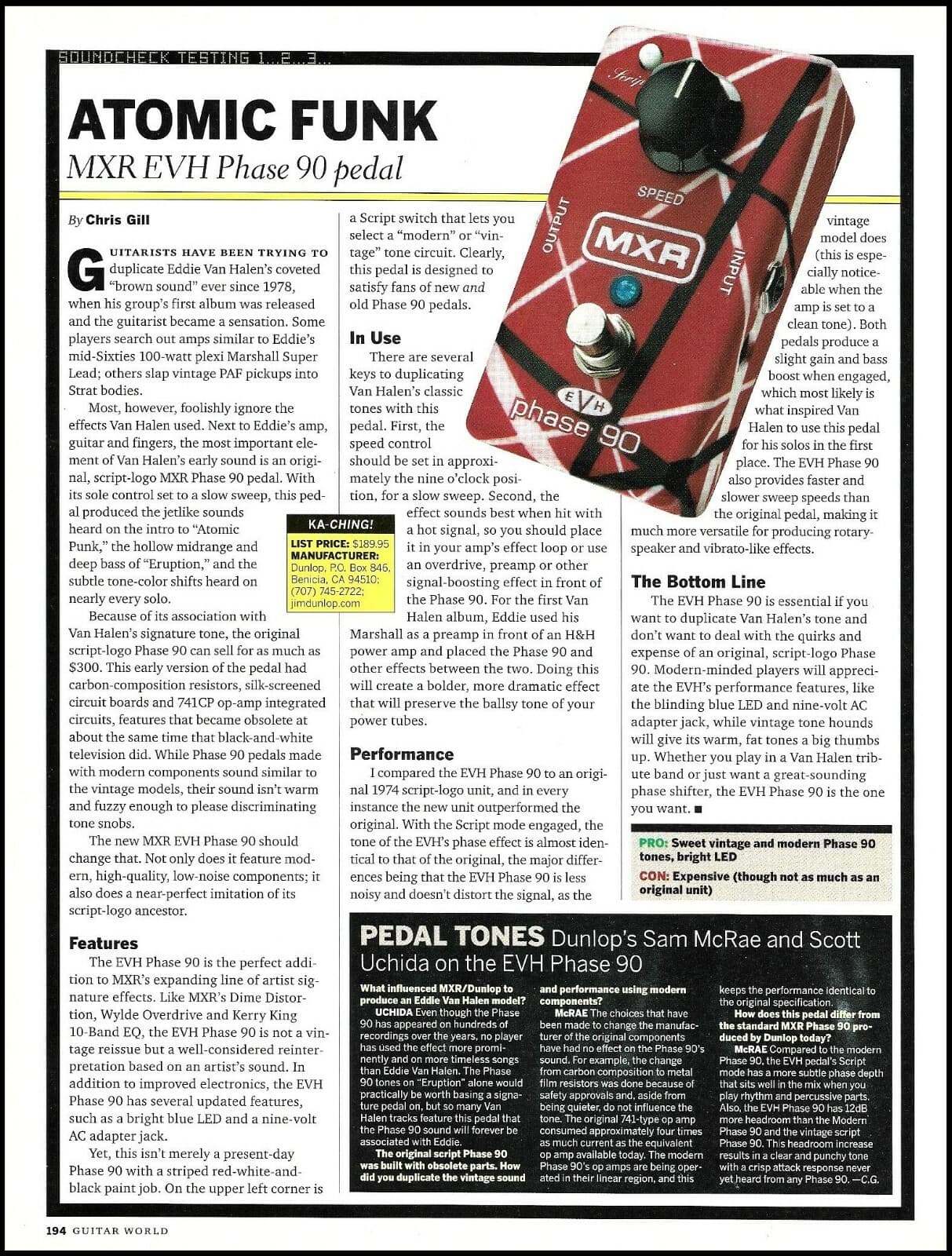 MXR EVH Phase 90 guitar effects pedal sound check review article print
