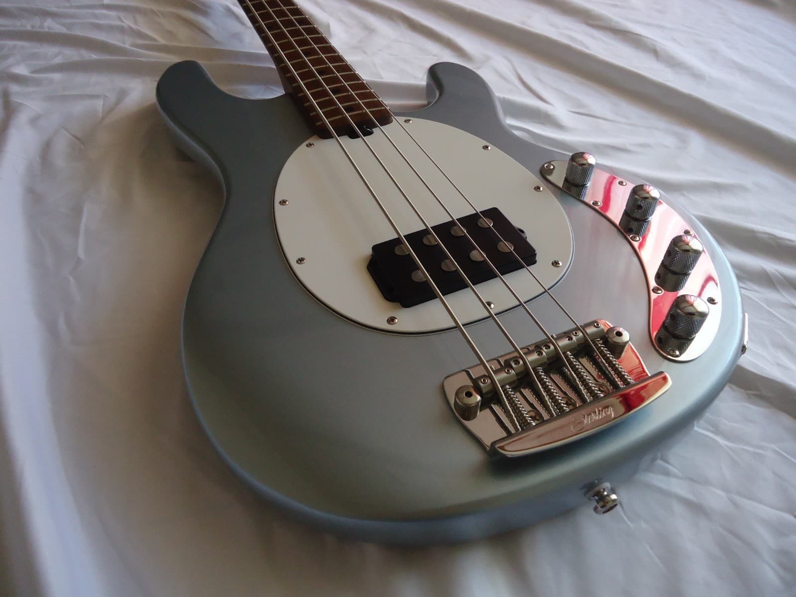 Sterling by Music Man StingRay Ray34 Firemist silver Bass Guitar.