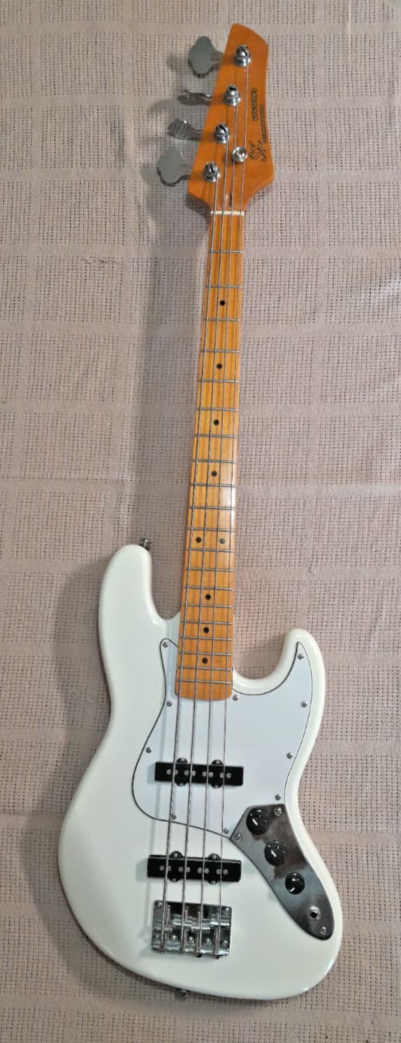 SX 30" Short Scale "Jazz" Bass Guitar, Olympic White, Good w/flaws. PLEASE READ.