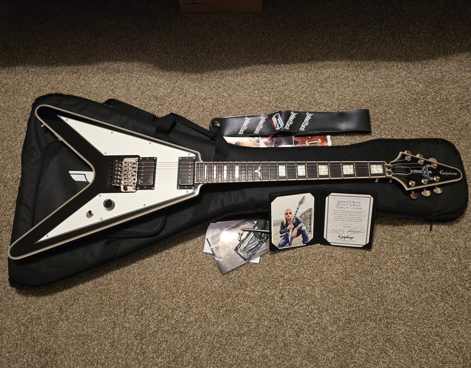 Epiphone 2017 Richie Faulkner Flying V Guitar w/Gig Bag, COA, Judas Priest Strap