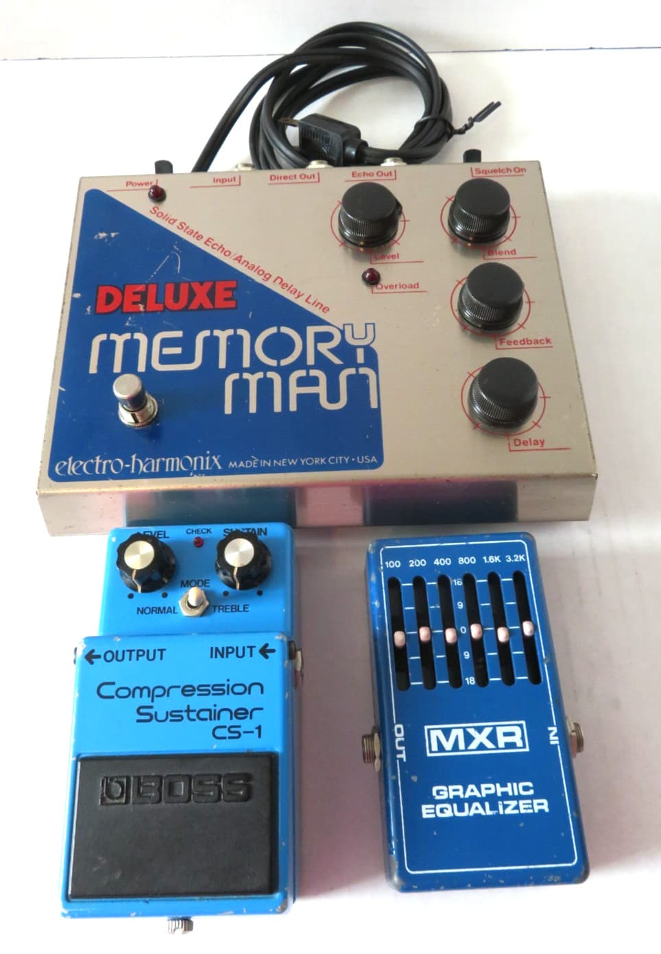 3 Guitar Effects Pedals – Deluxe Memory Man, Boss CS-1, MXR Graphic EQ (AS IS)