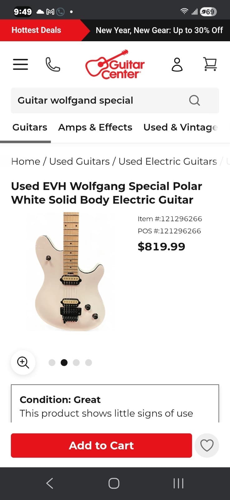 EVH Wolfgang Special Polar White Solid Body Electric Guitar 6 String