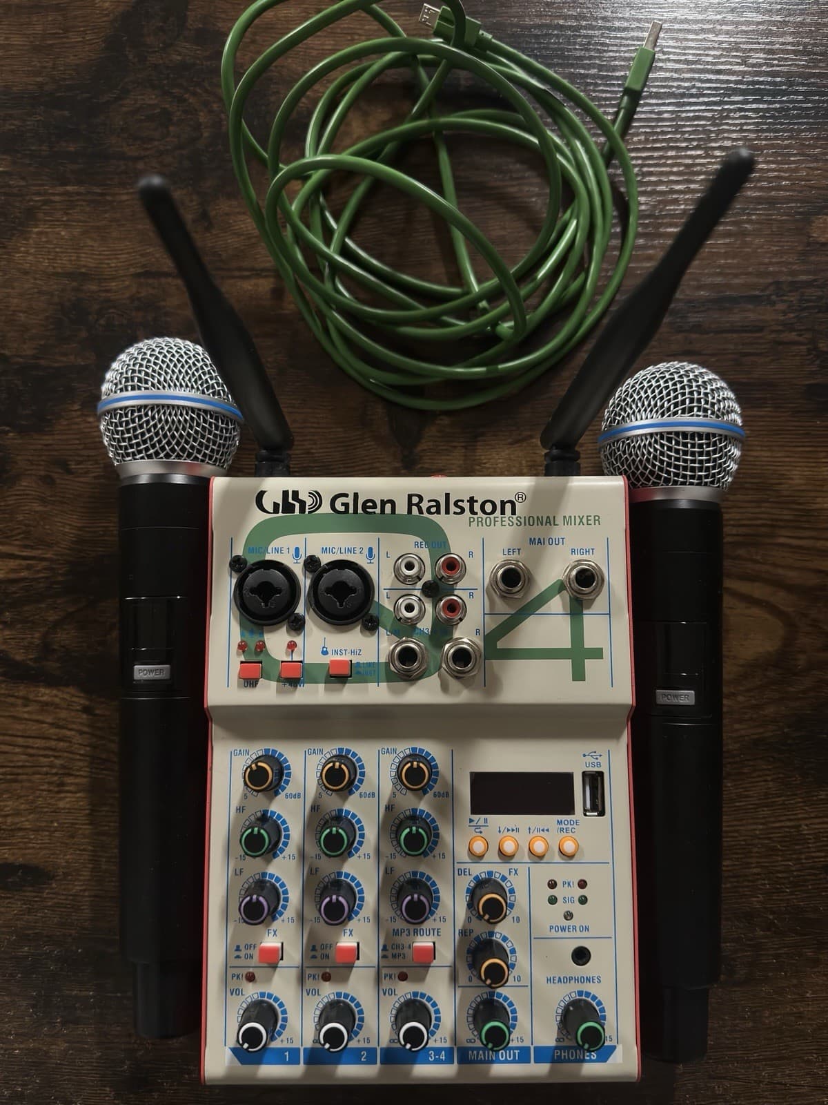Professional Q4 Audio Mixer, 4 Channel DJ Mixer W/ Dual UHF Wireless Microphone