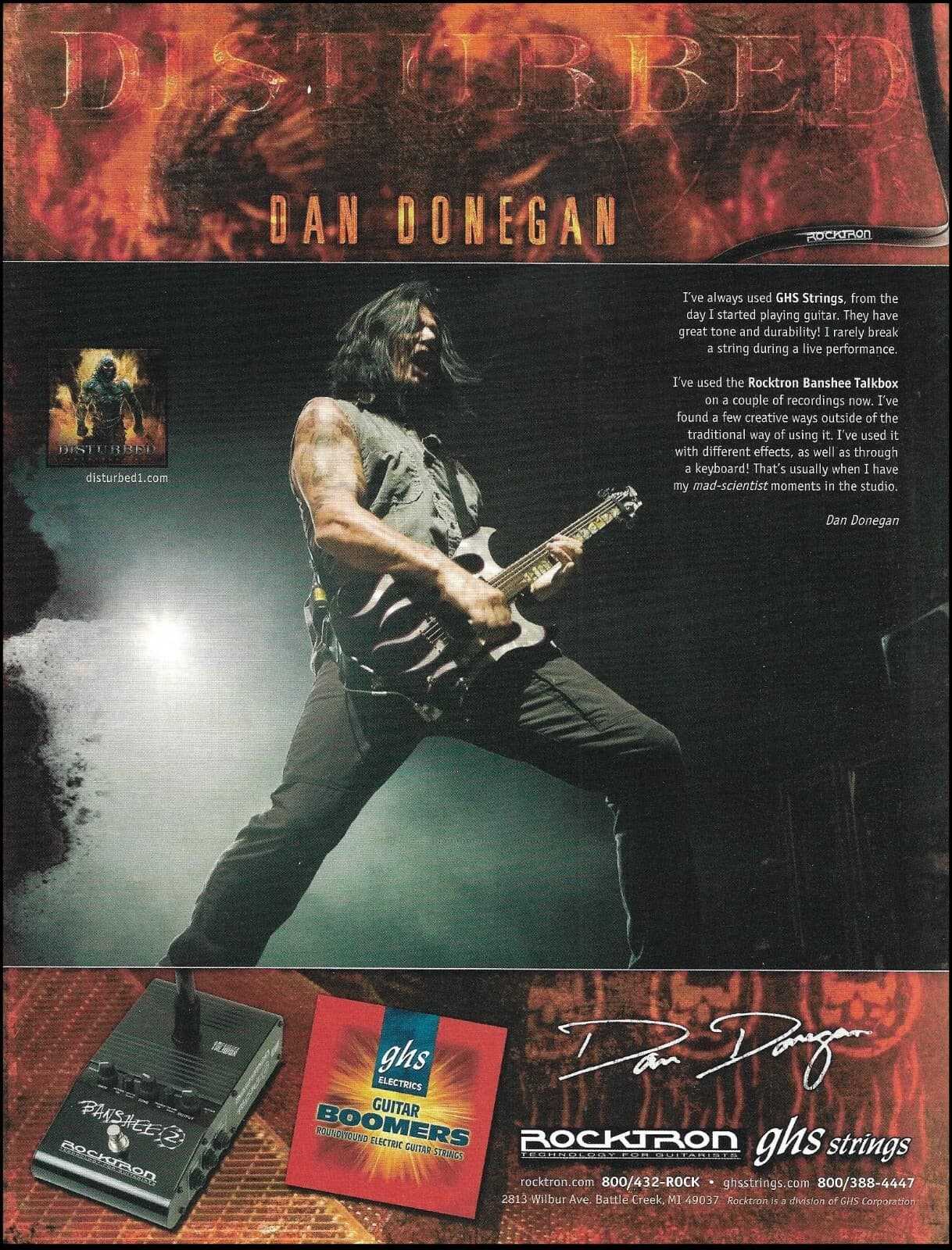 2003 Disturbed Dan Donegan Rocktron Banshee Effects Pedal GHS guitar strings ad
