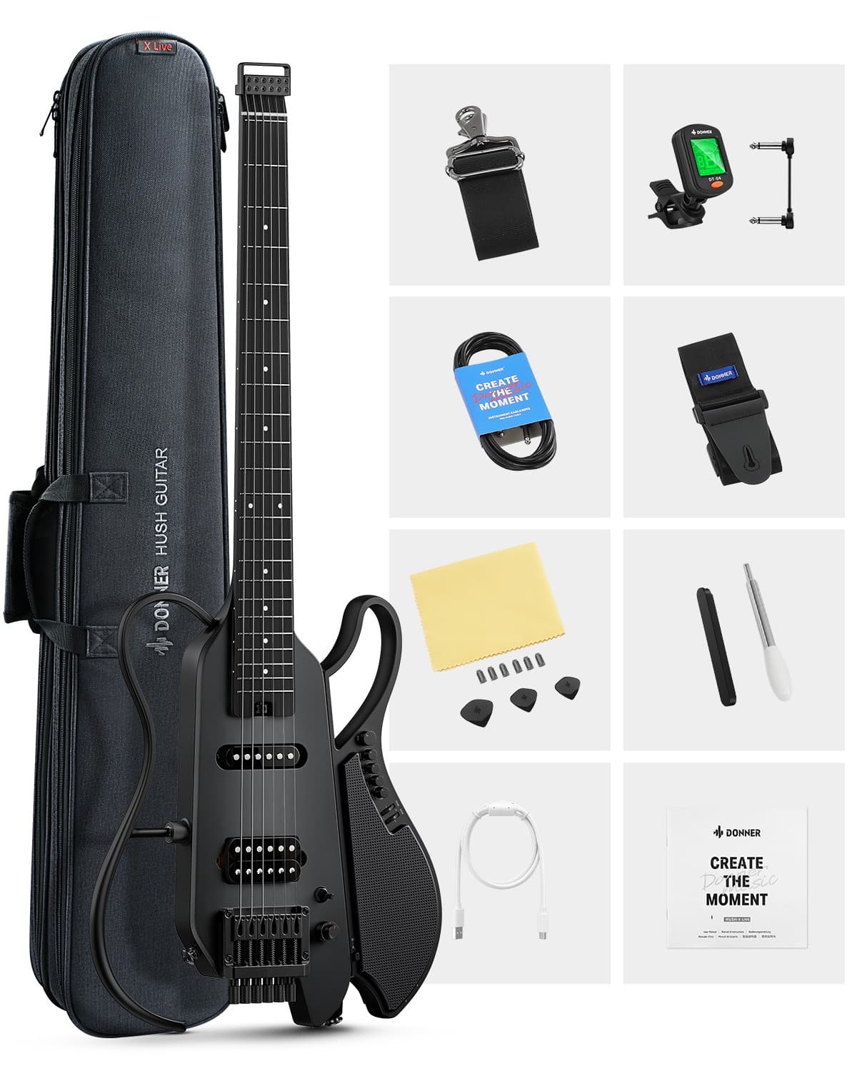 Donner HUSH-X Live Headless Guitar Built-in Amp Effects Speaker Black Gig Bag