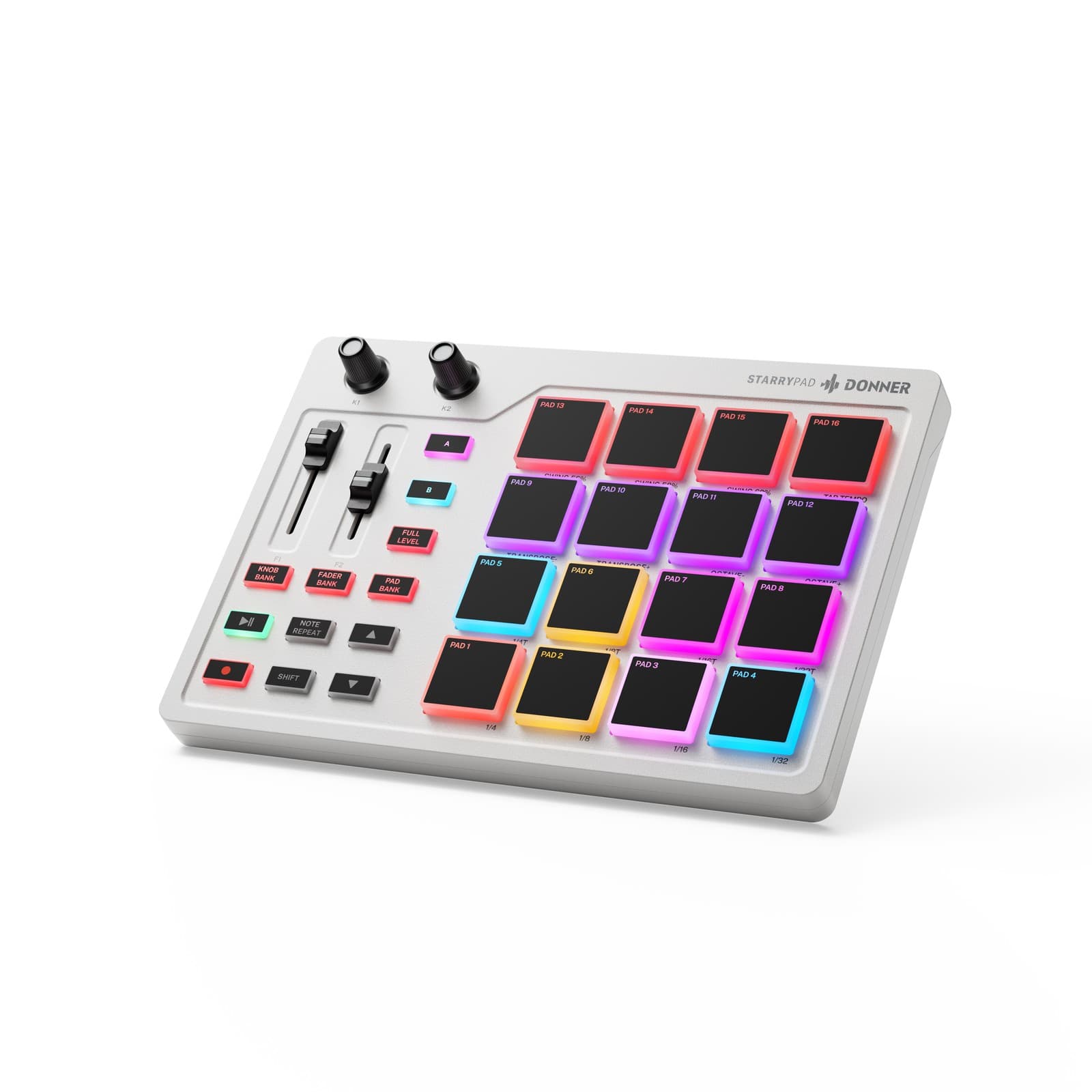 MIDI Pad Drum Machine Donner STARRYPAD 16 Pads 2 Fader Knobs White