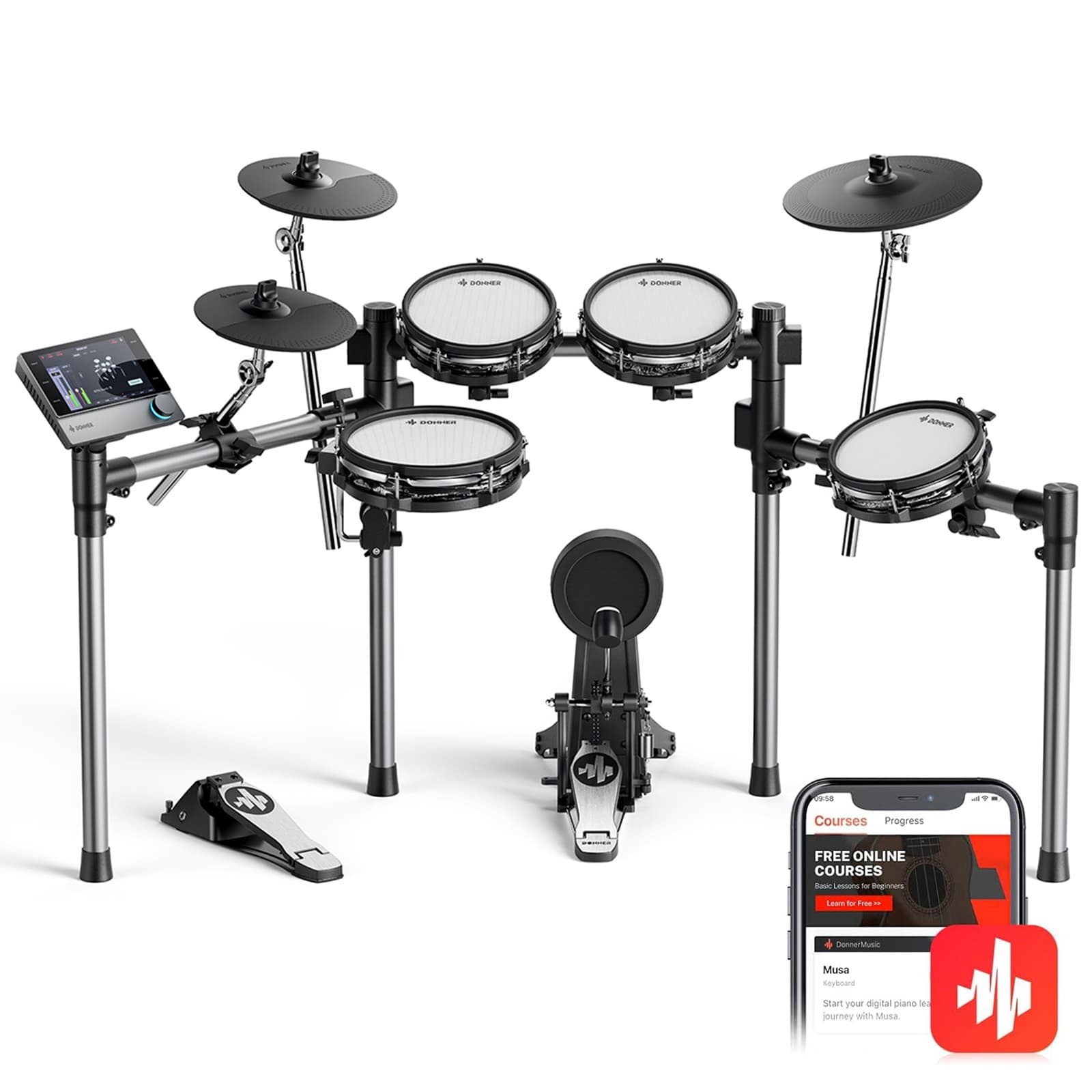 Donner Beat Electric Drum Kit with Quiet Mesh Drum Pads 12" Cymbals USB MIDI