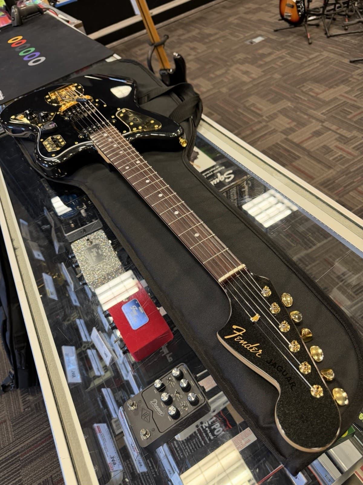 Fender Jaguar Electric Guitar Black Gold Hardware Made in Japan with Gig Bag