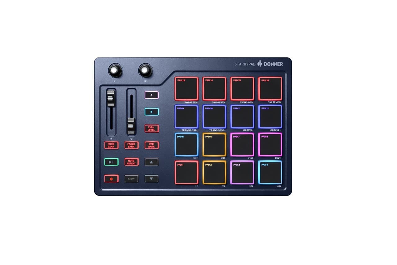 MIDI Pad Drum Machine Donner STARRYPAD 16 Pads 2 Fader Knobs Blue