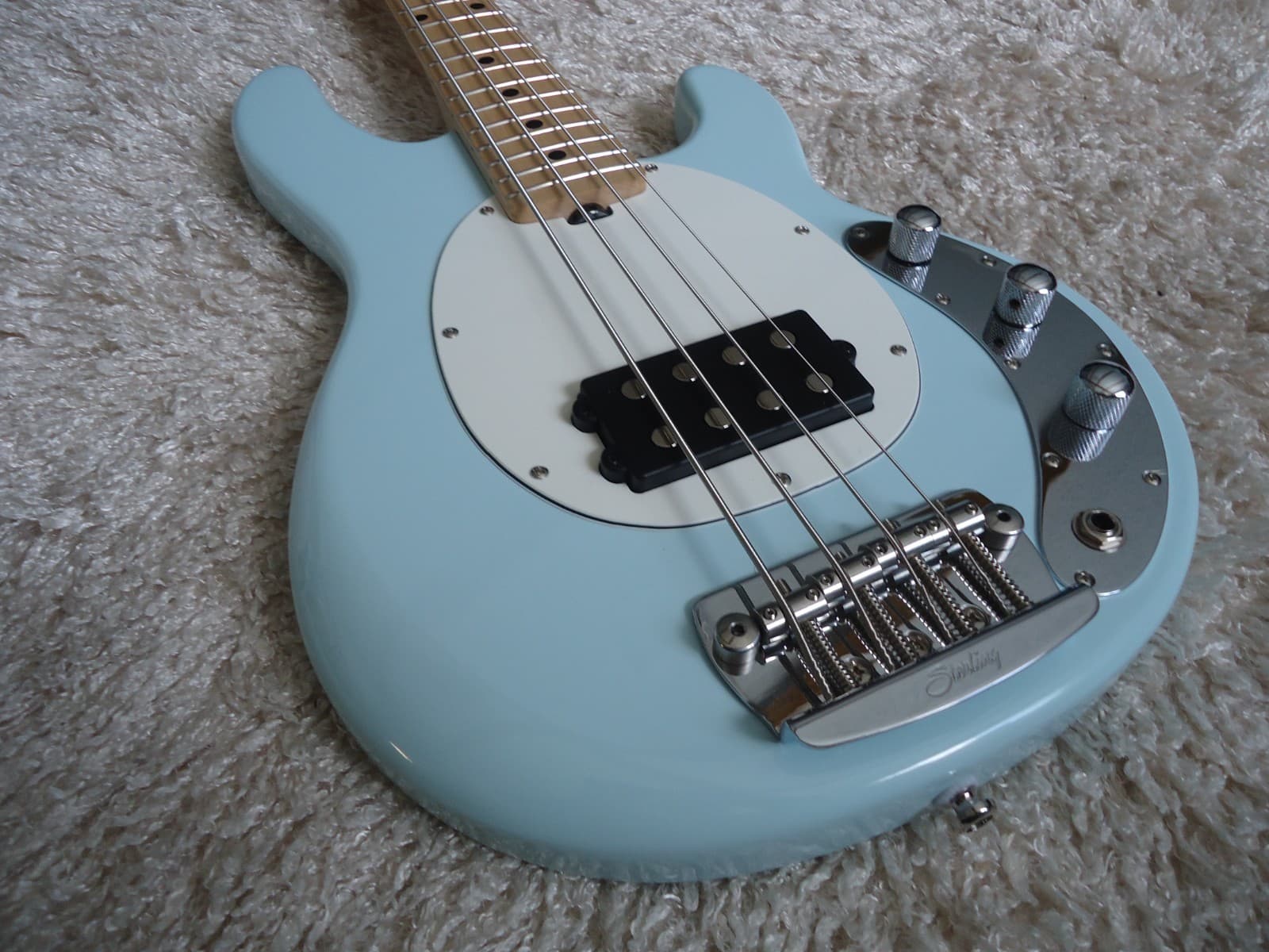 Sterling by Music Man StingRay RaySS4 Daphne Blue Short Scale Bass Guitar.
