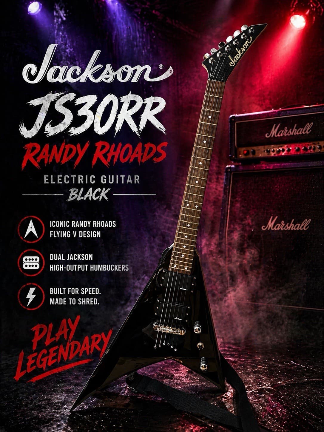 Jackson JS30RR Randy Rhoads Flying V Guitar Black HH Metal Rock 🎸 🎸🎶🎵