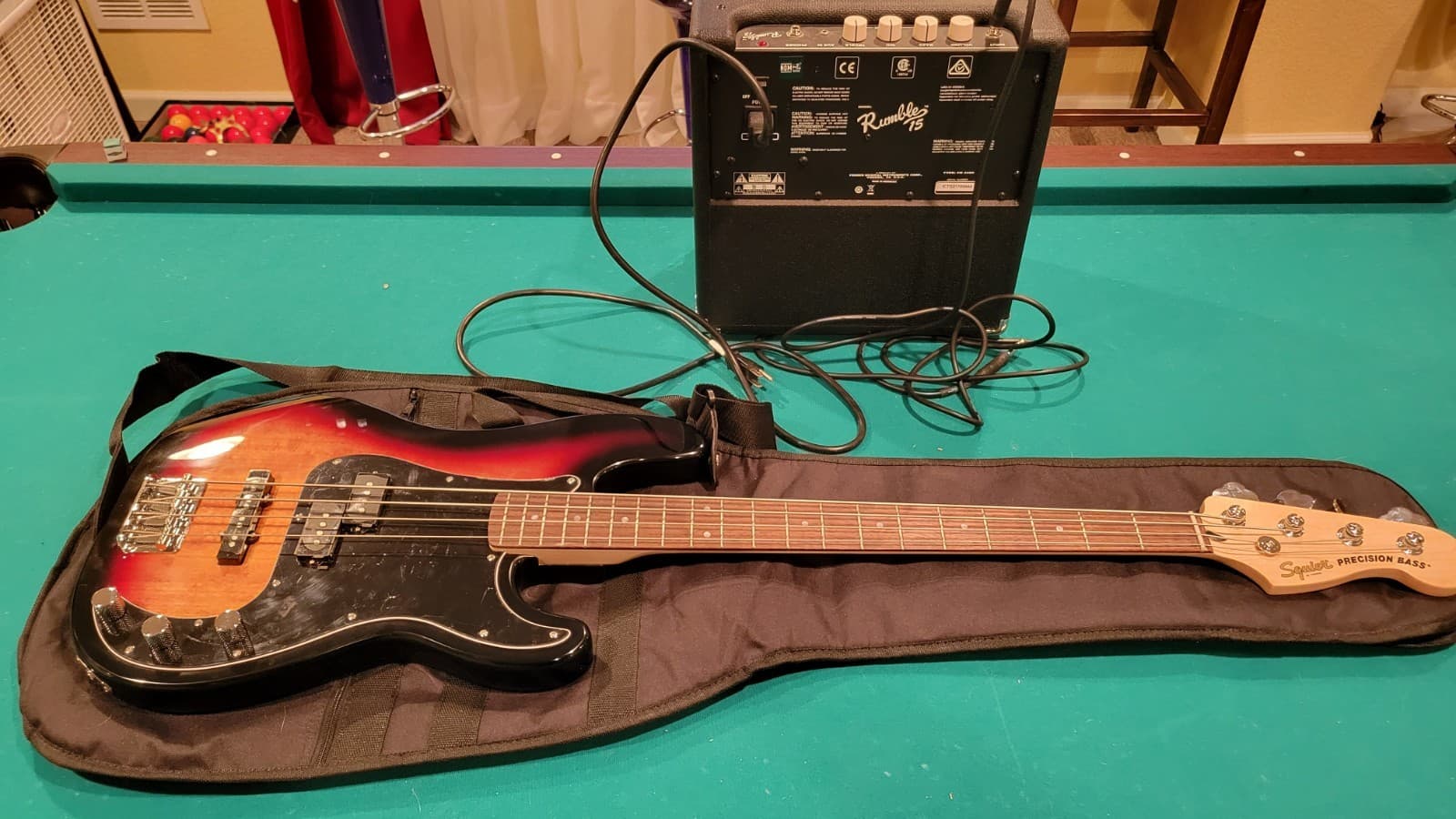 Fender Precision Bass Sunburst Electric Bass Guitar w/ Gig Bag and Rumble 15 amp