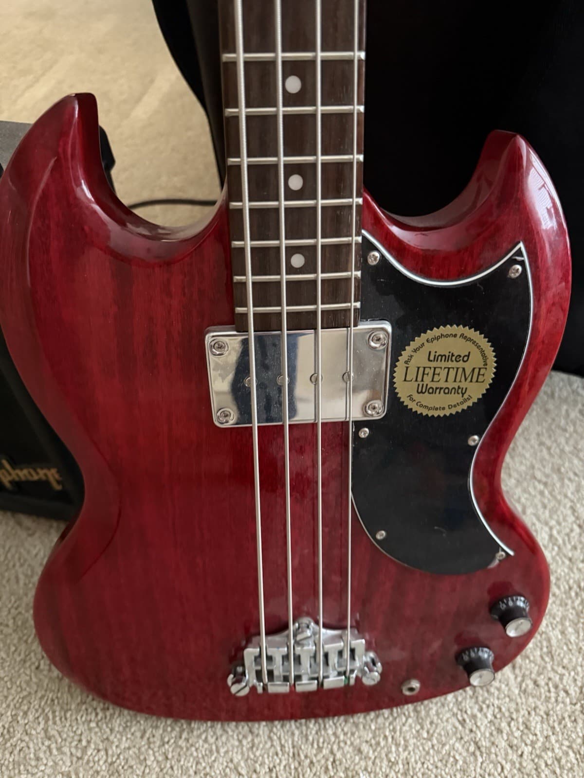 Epiphone EB-0 Red Electric Bass Guitar w/ Amplifier & Gig Bag