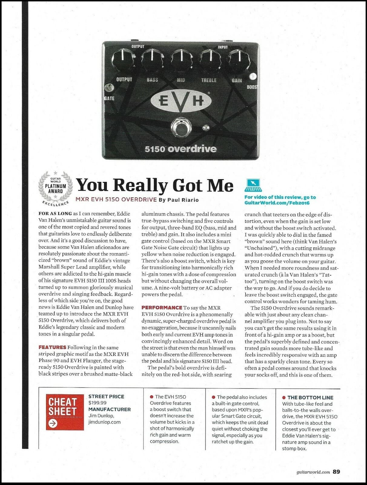 MXR EVH 5150 Overdrive guitar effects pedal 2016 sound check review article