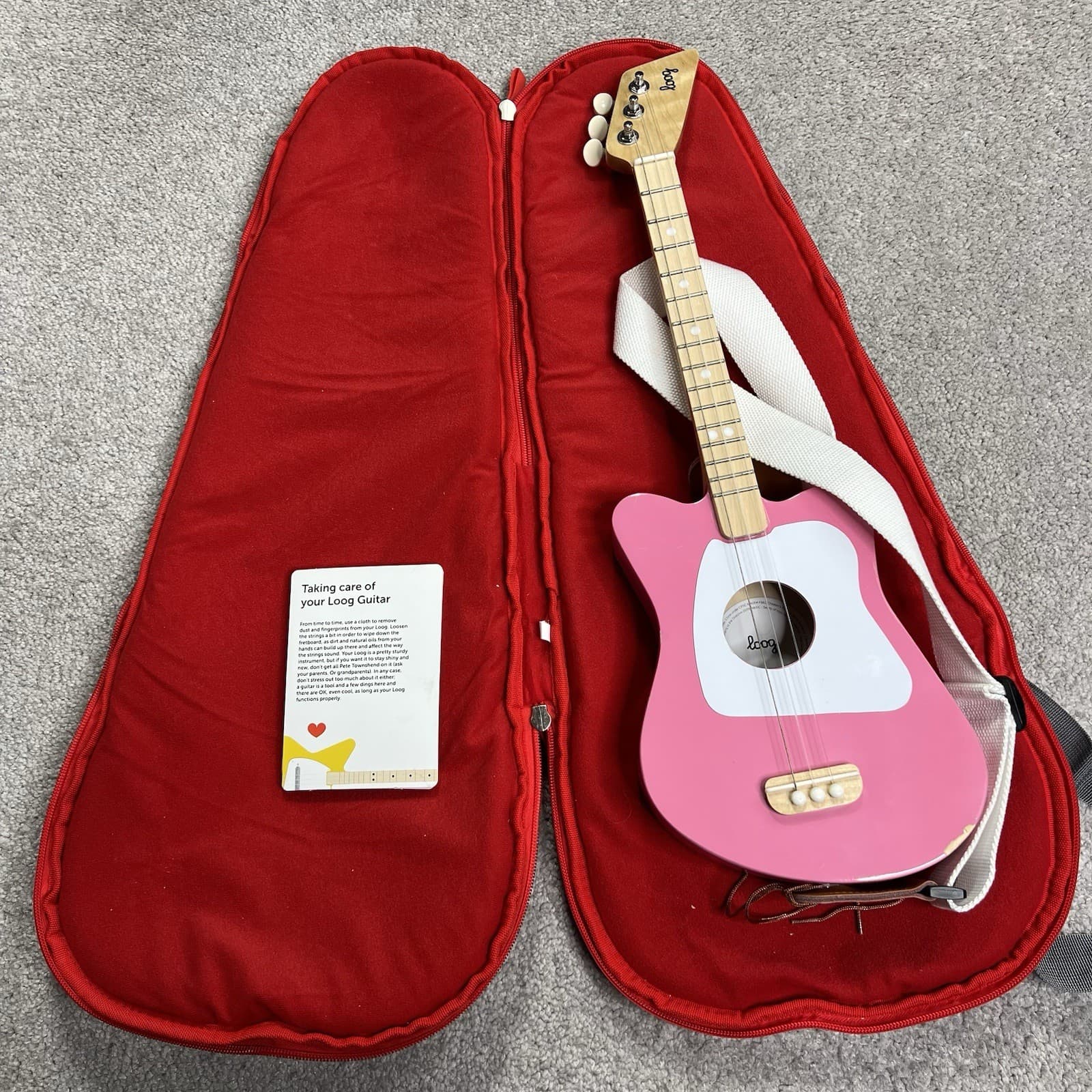 Loog Mini Acoustic Guitar 21" 3-String Kids Beginner Guitar Pink W/ Carry Case