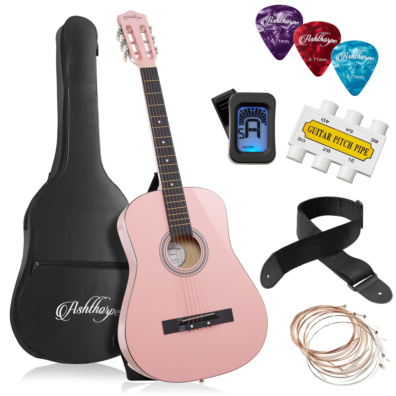 OPEN BOX - 38-inch Beginner Acoustic Guitar Package -Pink, Starter Kit