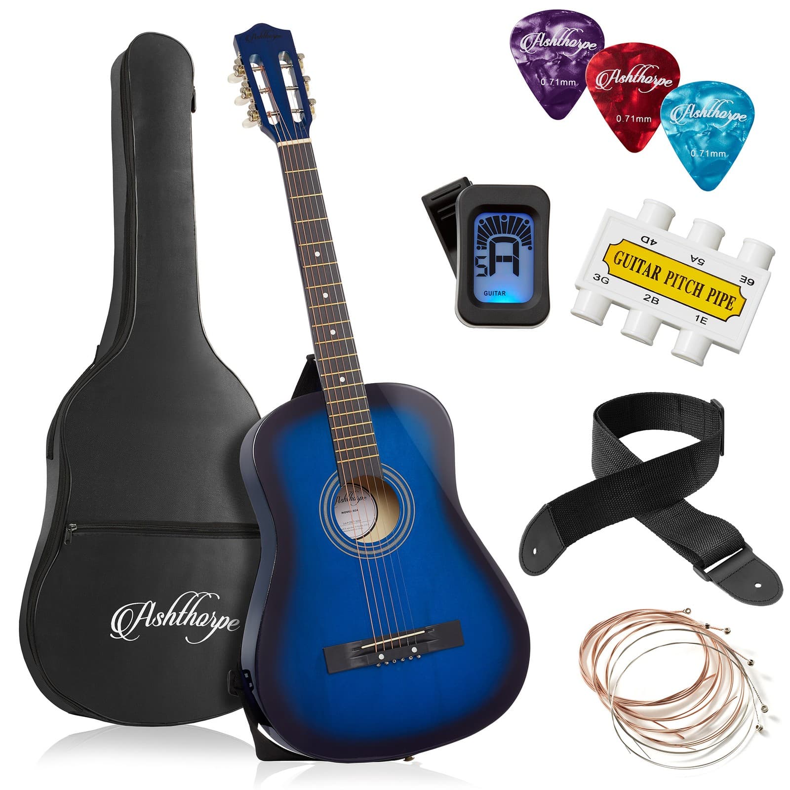 OPEN BOX - 38-inch Beginner Acoustic Guitar Package - Blue, Starter Kit & Acc
