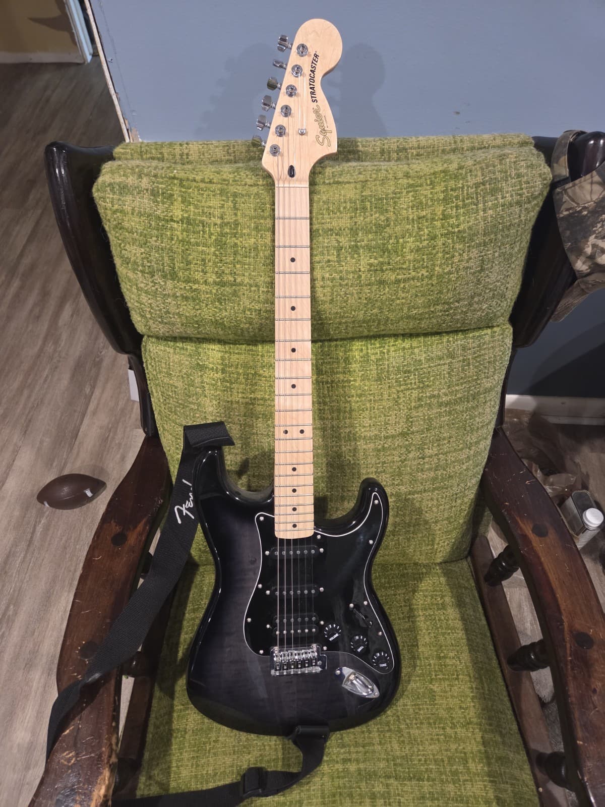 Squier Stratocaster Electric Guitar Black Solid Body 6 String Maple Neck & Strap