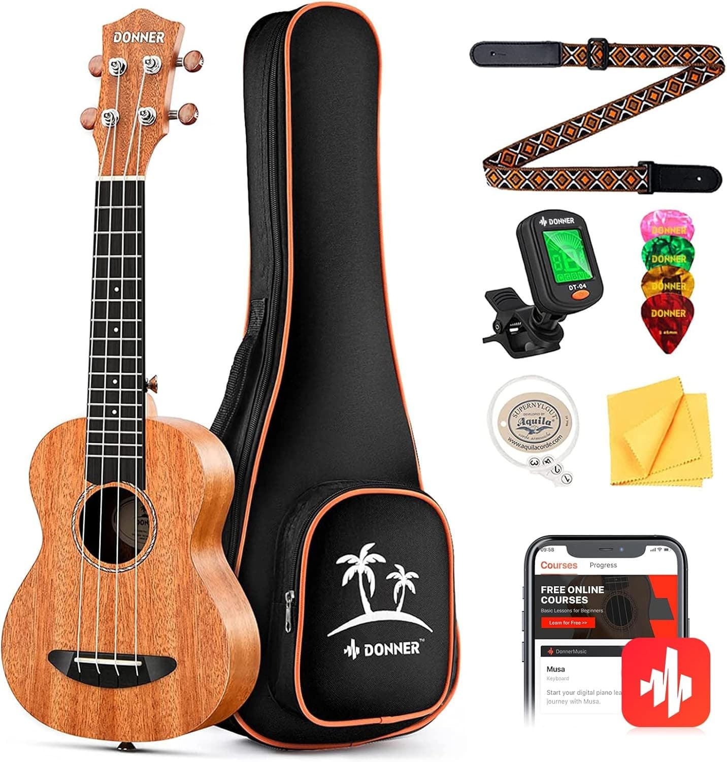 Donner DUS-1 21" Soprano Ukulele Mahogany Wood Beginner Bundle with Case