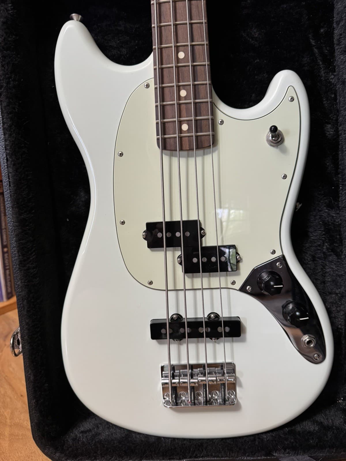 2016 Fender Mustang PJ Bass Guitar Short Scale - Sonic Blue - Hardshell Case