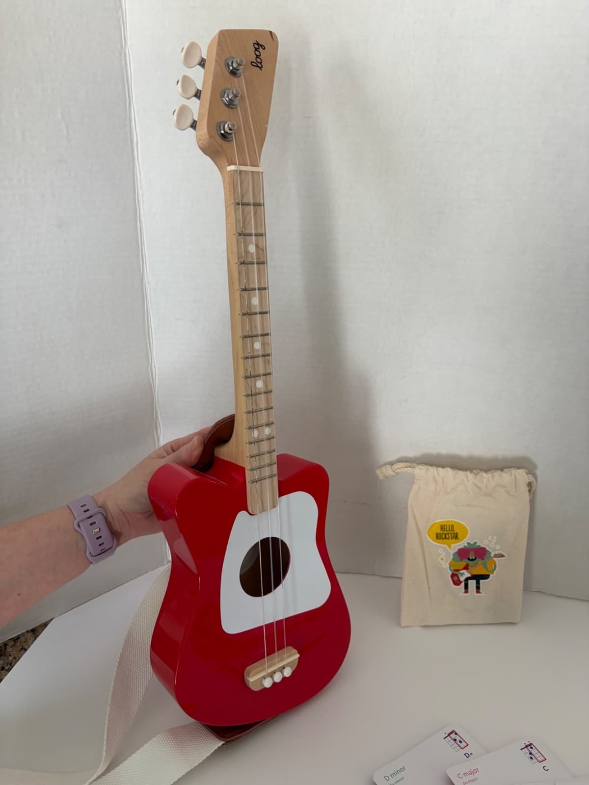 Loog Mini Acoustic Kids Guitar Kids 3 Strings Ages 3+ Learning App & Lessons Red