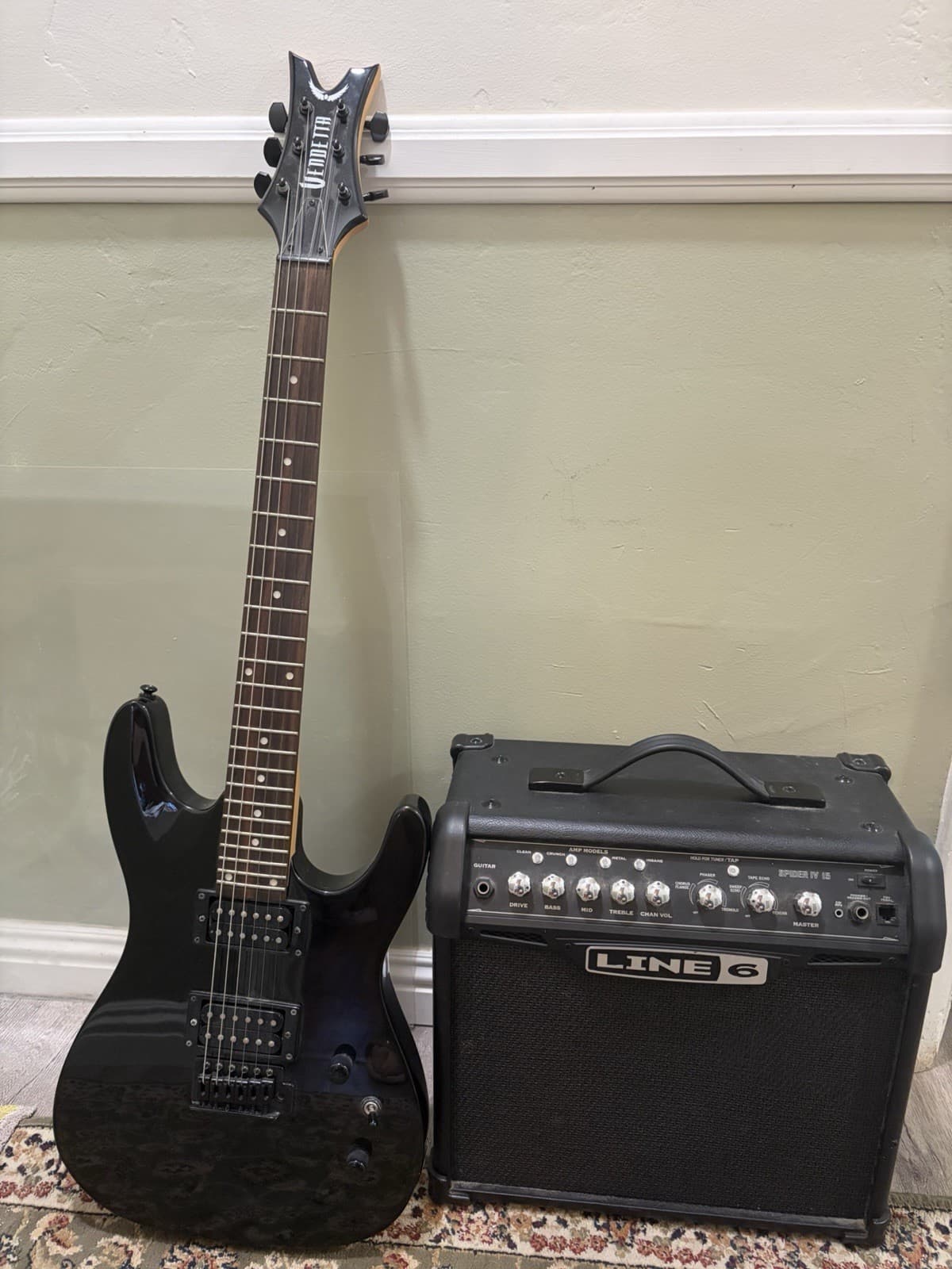 Dean Vendetta Electric Guitar Black and Line 6 amplifier (with accessories)
