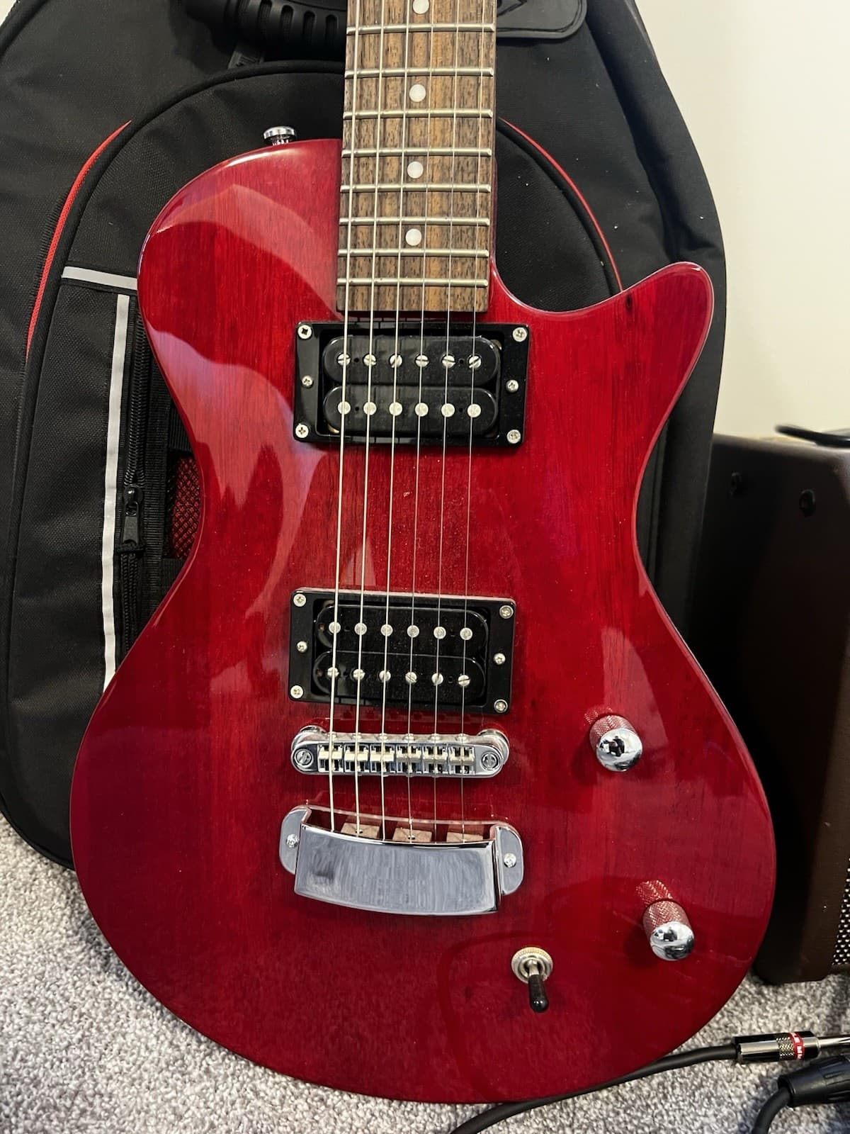 Hagstrom Red Electric Guitar, Gig Bag, Amplifier, Microphone & Cables