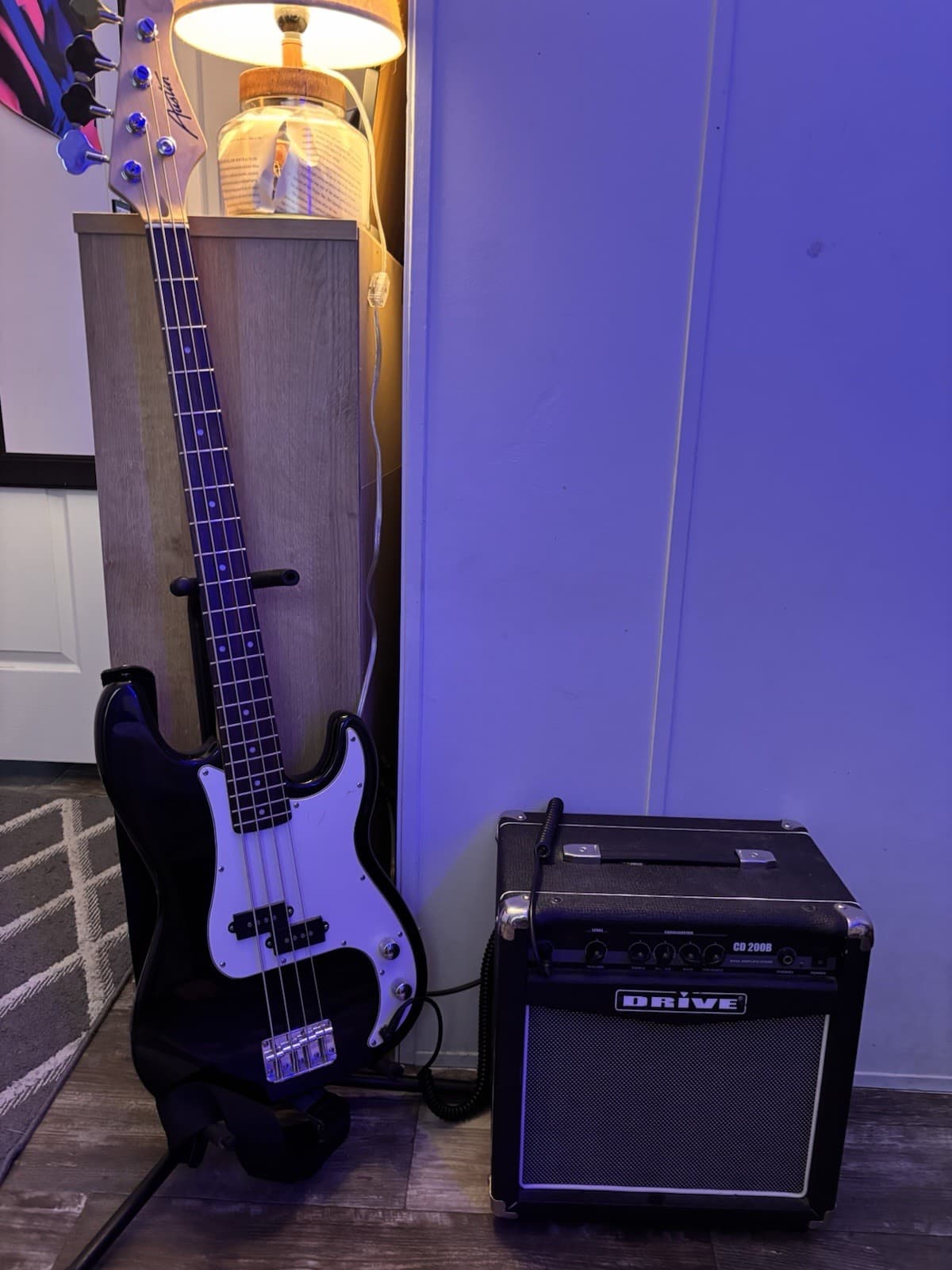 Austin Bass Black 4-String Electric Guitar with Amplifier and strap