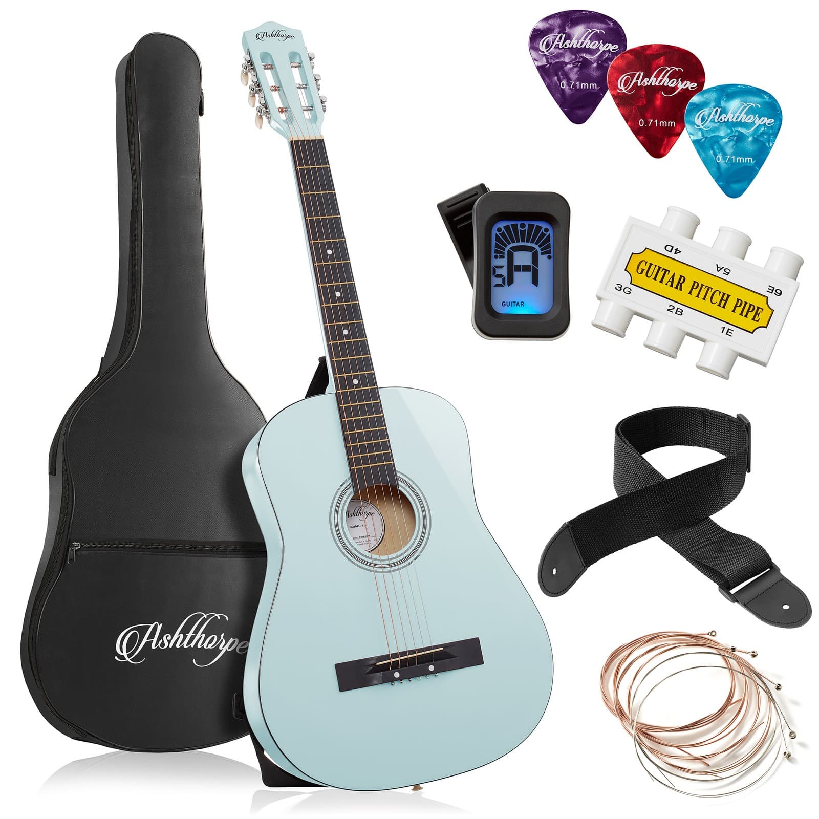 OPEN BOX - 38-inch Beginner Acoustic Guitar Package - Light Blue, Starter Kit