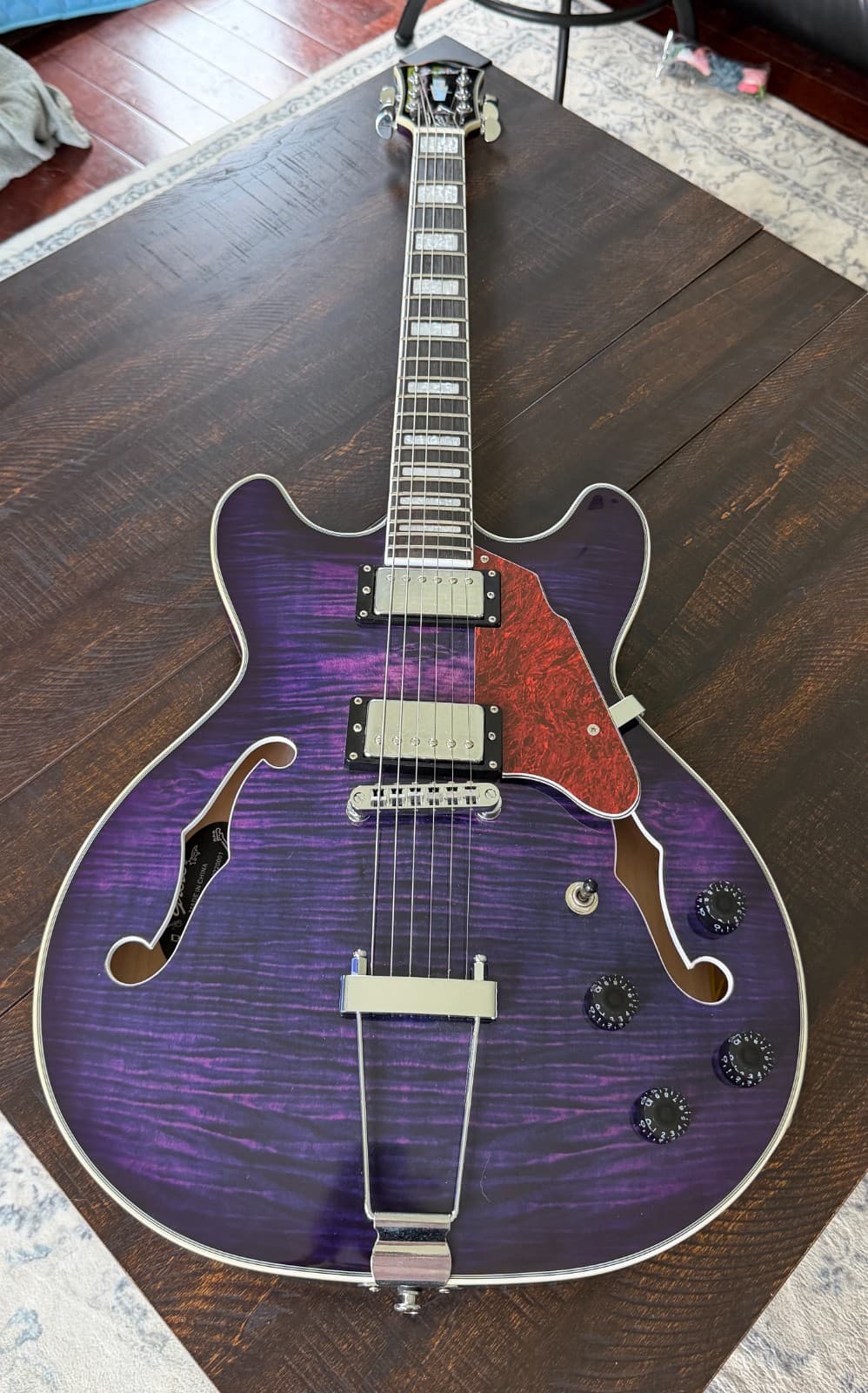 Jazz Electric Guitar Semi-Hollow Body Trapeze Tailpiece Bridge & Bag Purple