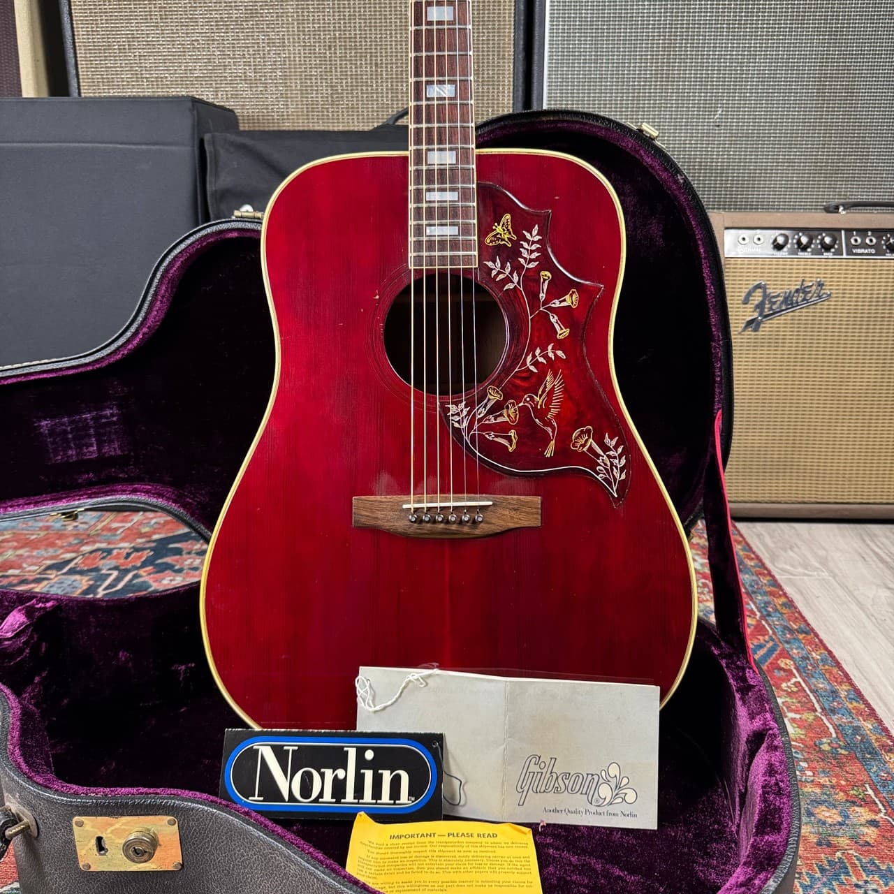 *Video* 1976 Gibson Hummingbird Jumbo Acoustic Wine Red Norlin Era w/OHSC & Hang