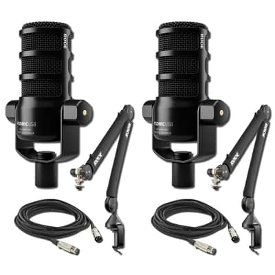 Rode PodMic USB + PSA1+ Two-Host Podcast Bundle β 2x Dynamic Broadcast Microphones, 2x Premium Studio Boom Arms, and 2x 10-Foot Balanced XLR Cables