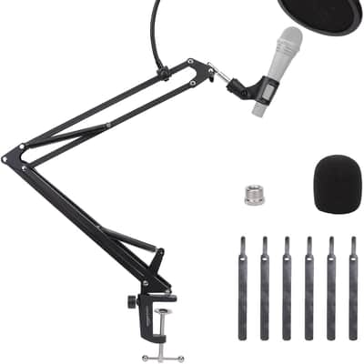 Amazon Basics Adjustable Microphone Boom Arm Stand, 14 inch, Supports Standard Microphones, Adjustable Tension, Includes Pop Filter & Windscreen, Desk Clamp Mount, Black