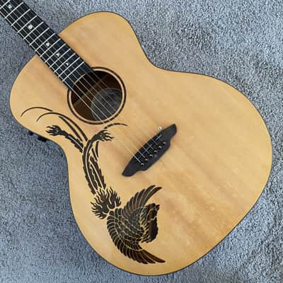 Luna Acoustic Electric Guitar, Carved Phoenix Bird Spruce Top Body, Mahogany Neck