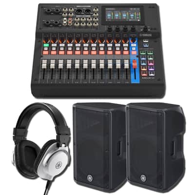 Yamaha MGX12 B 18-Channel Digital Mixing Console Streaming Studio Bundle with 2 DBR12 12-Inch 1,000W Powered Speakers and White HPH-MT5W Studio Headphones
