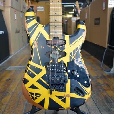 EVH Striped Series Frankenstein Frankie Electric Guitar Black with Yellow Stripes, Relic w/Padded Gig Bag