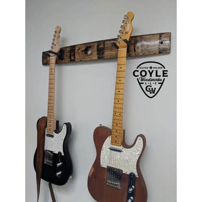 Real Natural Wood Rustic Style Two Guitar Wall Hanger Rack for Home - USA Made