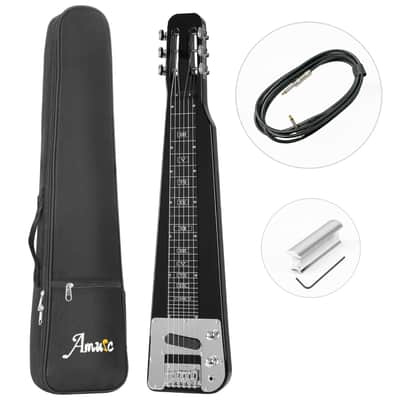 Amuic Lap Steel Guitar, Slide Steel Guitar Electric, 6 Strings Slotted Head Stock Guitars with Gig Bag & Slide Bar (Black)