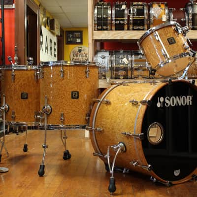 Early 2000s Sonor Delite Outfit in Natural Birdseye Maple 18x22 10x12 16x16 16x18