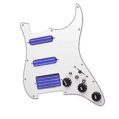 White HSS Guitar Strat Style Prewired Loaded Pickguard, Blue Dual Rail Pickups