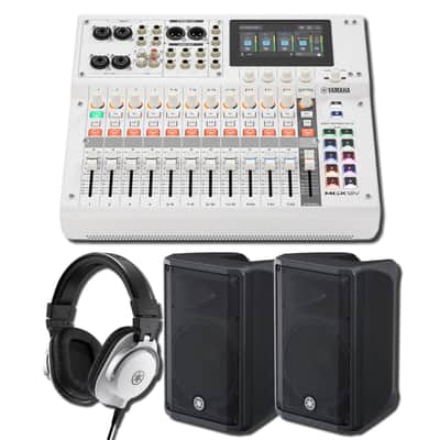 Yamaha MGX12V W 18-Channel Digital Mixing Console All-White On-Camera Studio Bundle with 2 DBR10 10-Inch 700W Powered Speakers and HPH-MT5W White Studio Monitor Headphones