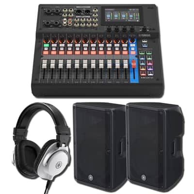 Yamaha MGX12 B 18-Channel Digital Mixing Console Studio Monitoring Bundle with 2x DBR15 15-Inch 1,000W Powered Speakers and HPH-MT5W White Closed-Back Studio Headphones