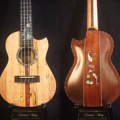 Handmade Solid Spalted Maple, Walnut Mahogany ArchBack Concert Ukulele, Koi Fish Inlay, Soft-bag, Bruce Wei UAJ15-2004