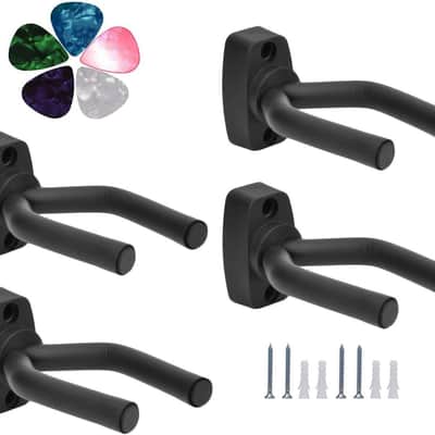 4 Pack Guitar Wall Hanger Stand with 5 Pack Guitar Picks, Violin Wall Hook, Mandolin Rack, Bass Accessories, Easy to Install, Modern Style, Steel with Foam Coated Arms, Wall Mount