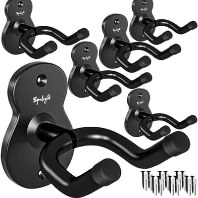 Black Metal Guitar Wall Mount Hanger - 6 Pack Holder Rack Stand for Basses, Electric & Acoustic Guitars, Ukulele