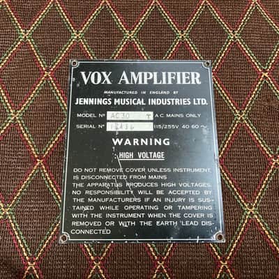 Vox AC30 ID Plate 1965