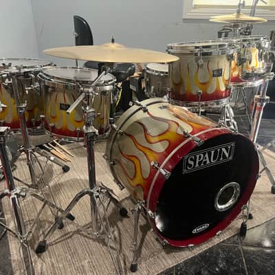 Spaun Drums Custom 5pc. Silver Holoflake Sunburst Flames Maple Drum Kit