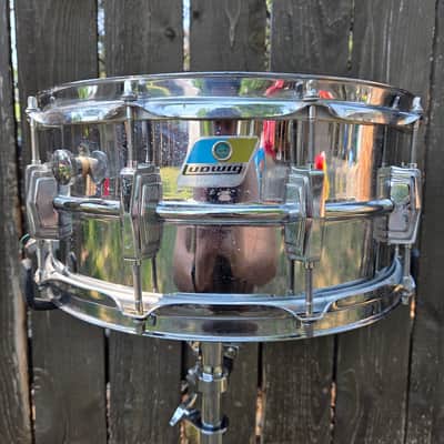 Ludwig No. 402 Supraphonic 6.5x14" 10-Lug Aluminum Snare Drum with Rounded Blue/Olive Badge 1979 - 1984 - Chrome-Plated